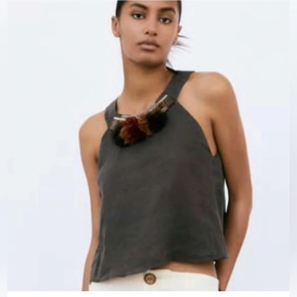 ZARA khaki green linen top with tassels appliqués size extra small - Picture 4 of 5